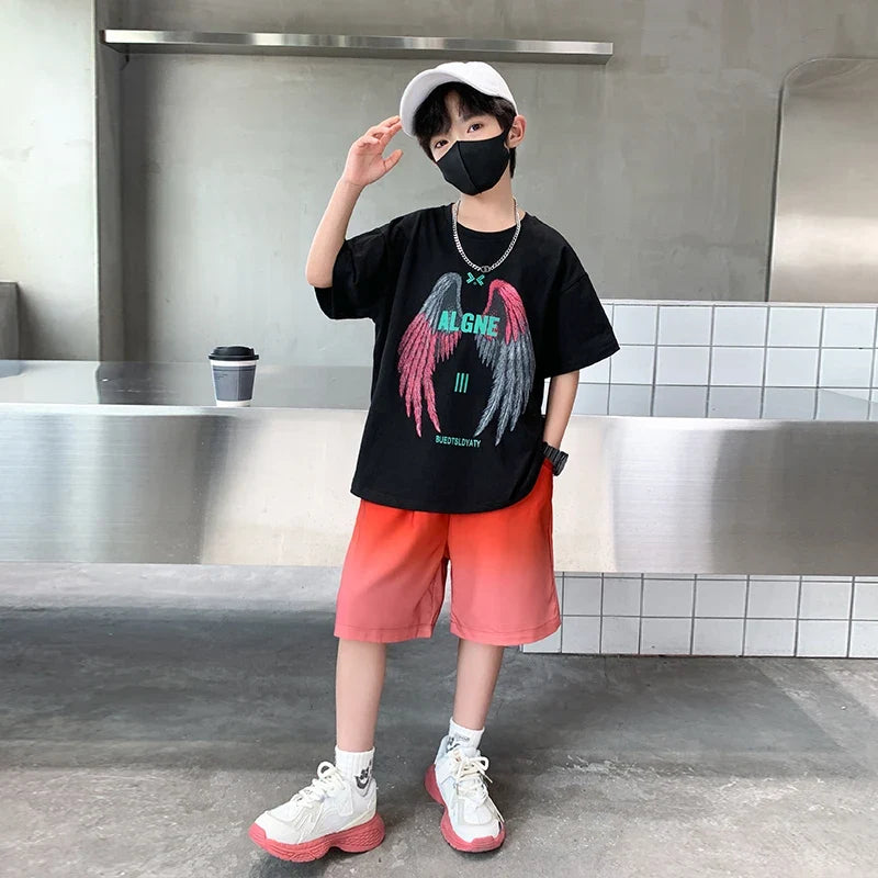 New Kids Boy Summer Clothing Set Cotton T-shirt With Wings Print + Shorts 2 Pieces Tracksuit Outfit for Child Suit Wear 5-14 T