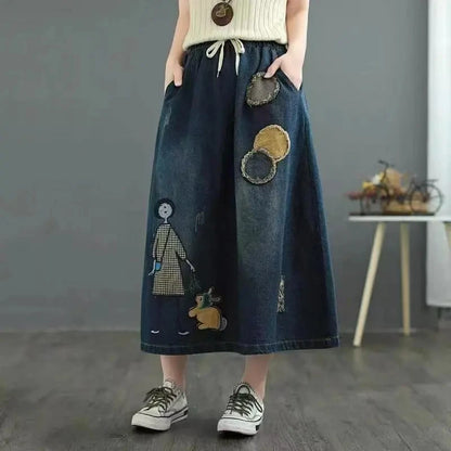 Summer New High Waist A-line Cowboy Skirt for Women Embroidery Slimming Versatile Fashion European American Style Half Skirts