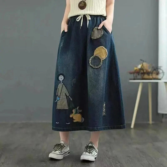Summer New High Waist A-line Cowboy Skirt for Women Embroidery Slimming Versatile Fashion European American Style Half Skirts