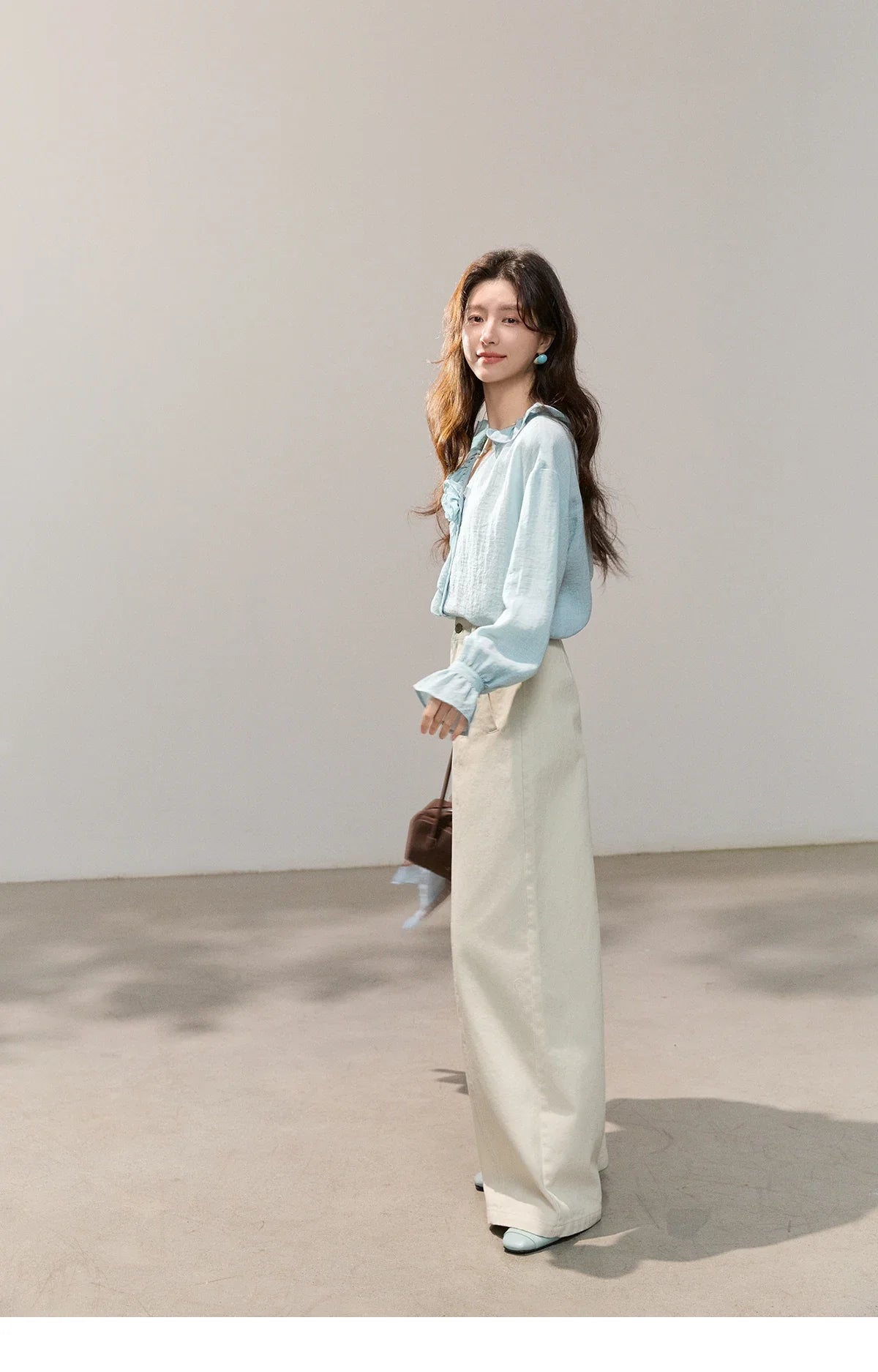 Women's Asymmetric Ruffled V-neck Shirt Spring Light Blue Floral Applique Ruffle Cuffs Top Elegant Loose Shirt MXF14C2448