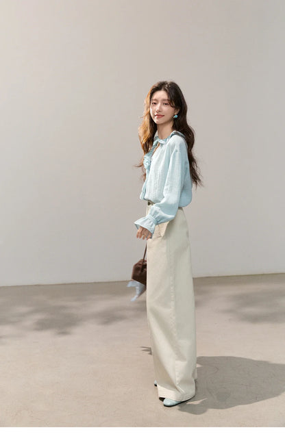 Women's Asymmetric Ruffled V-neck Shirt Spring Light Blue Floral Applique Ruffle Cuffs Top Elegant Loose Shirt MXF14C2448
