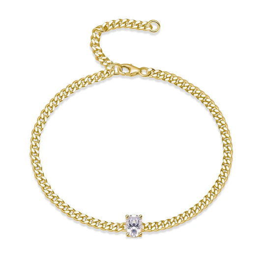 Bracelet en Moissanite taille ovale 1 carat de couleur D pour femme, en argent 925 plaqué or 18 carats, réglable de 16 à 21 cm, maillons cubains