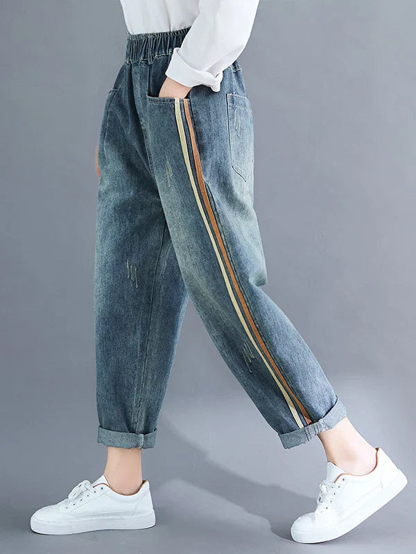 Large Size Artistic Faded Denim Jeans Women's Side Stripe Harlan Long Pants Spring Faion High Waist Regular Thin
