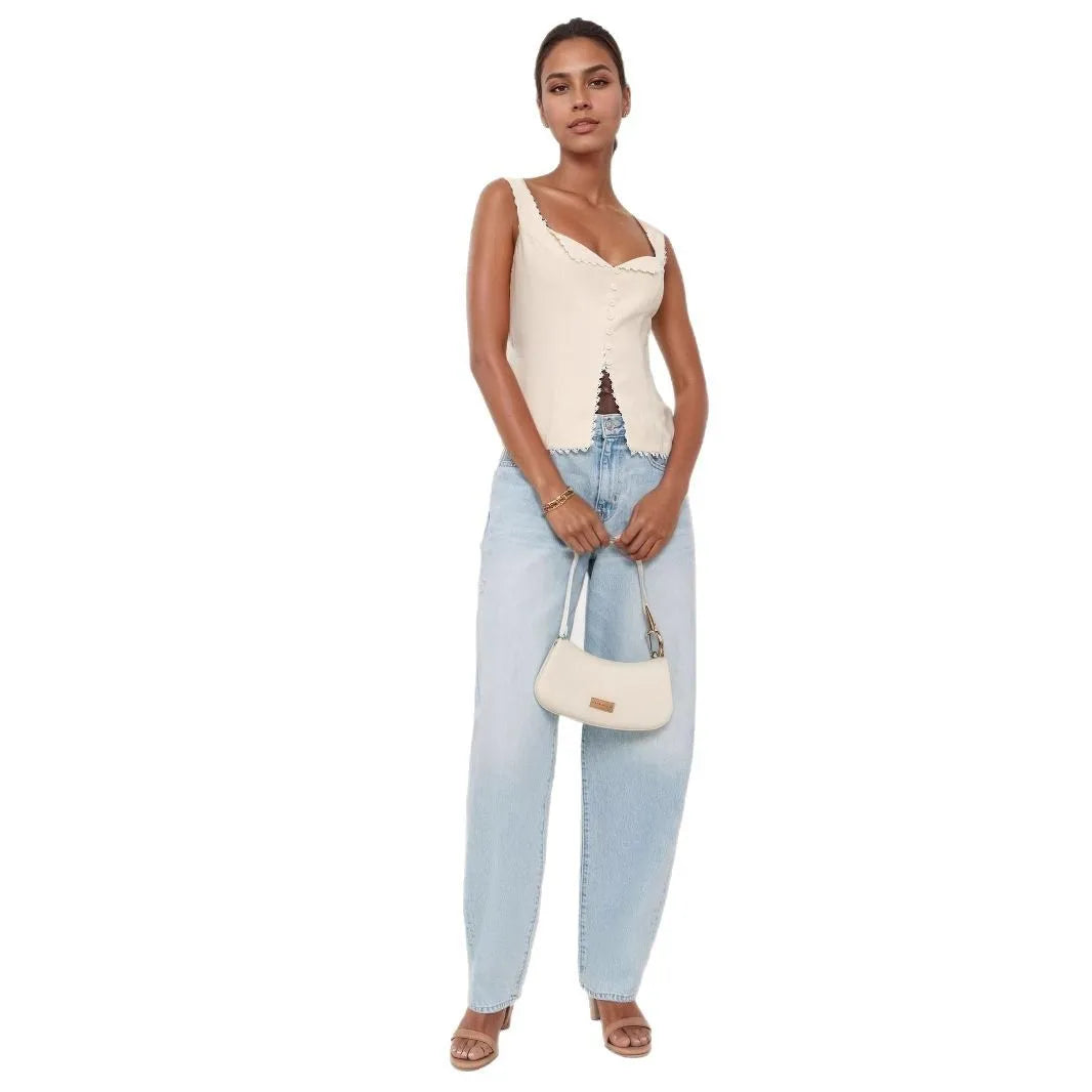 High Quality Hot Sale Wholesale Women's French Cotton Linen Lace Splicing Fashionable Buckle Suspender Solid Sleeveless Vest Top