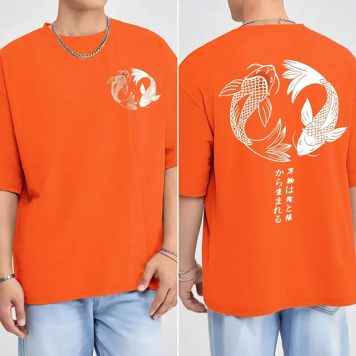 Japanese Koi Harajuku Illustration Pattern T-Shirt Men Summer Casual T Shirt Soft Fashion Short Sleeve Loose Cotton Sportswear