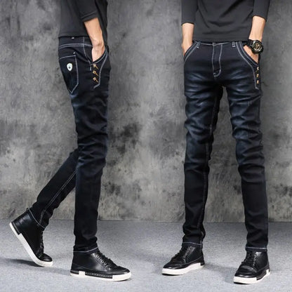 Stylish Black Luxury Men's Korean Streetwear Punk Fashion Comfortable Stretch Jeans Slim Fit Straight Leg Casual Denim Pants