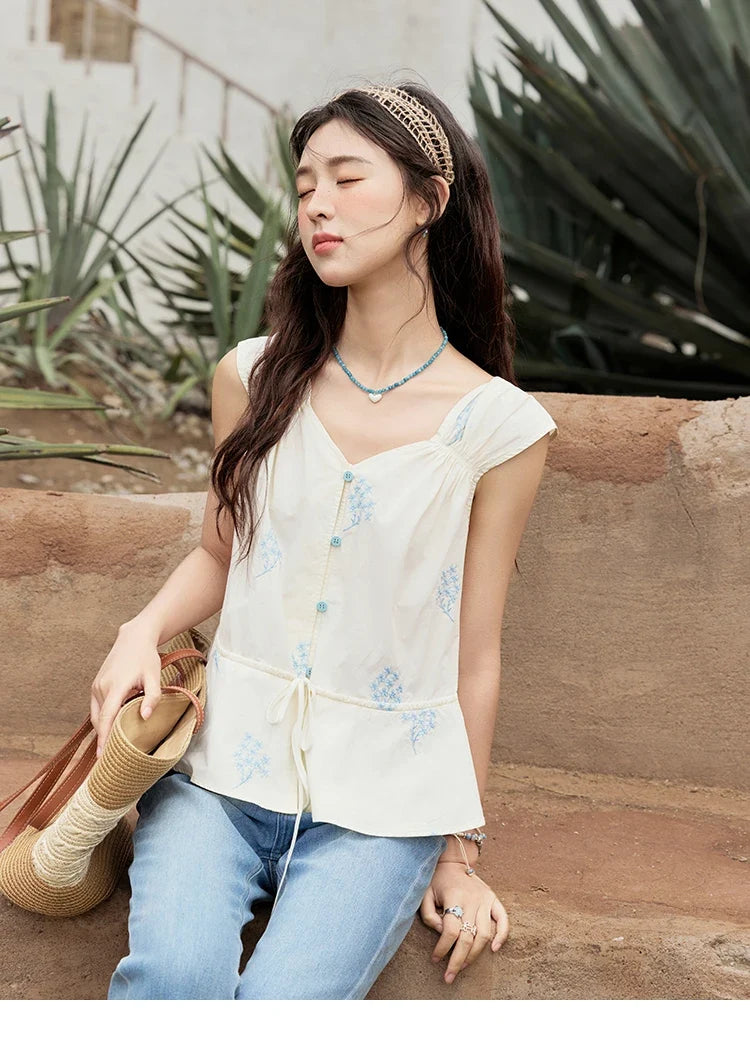 Print French Summer Shirts for Women New 2025 Sleeveless V-neck Blue Flower Cotton Blouses Female Fashion Tops MXE32X1777