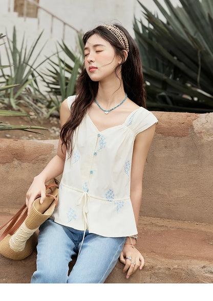 Print French Summer Shirts for Women New 2025 Sleeveless V-neck Blue Flower Cotton Blouses Female Fashion Tops MXE32X1777
