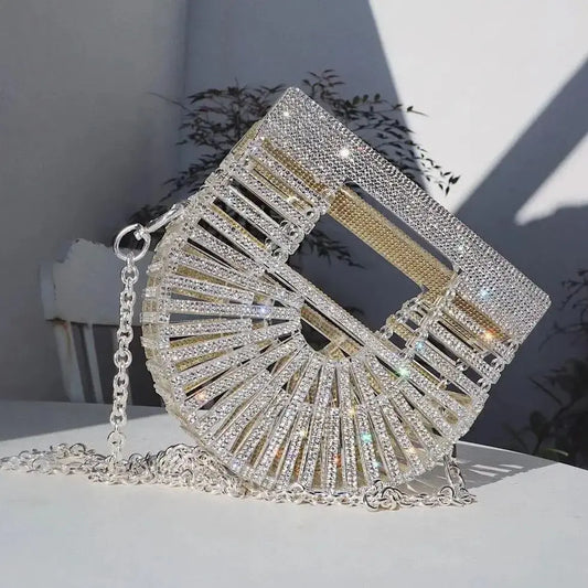 Women's Half-Moon Evening Bag Luxury Designer Rhinestone clutch bag Fan Shape Golden Party Bag Mini Sparkling Wedding Purse