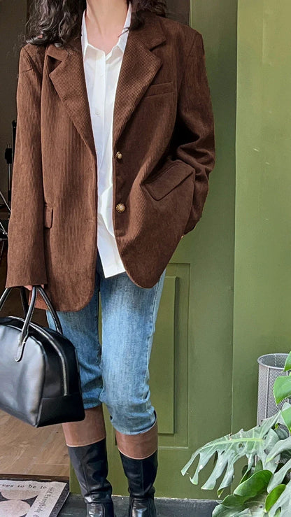 Brown Corduroy Suit Jackets Women's Spring New Fashion Loose Casual Blazers Notched Collar Single Breasted Pockets Female Tops