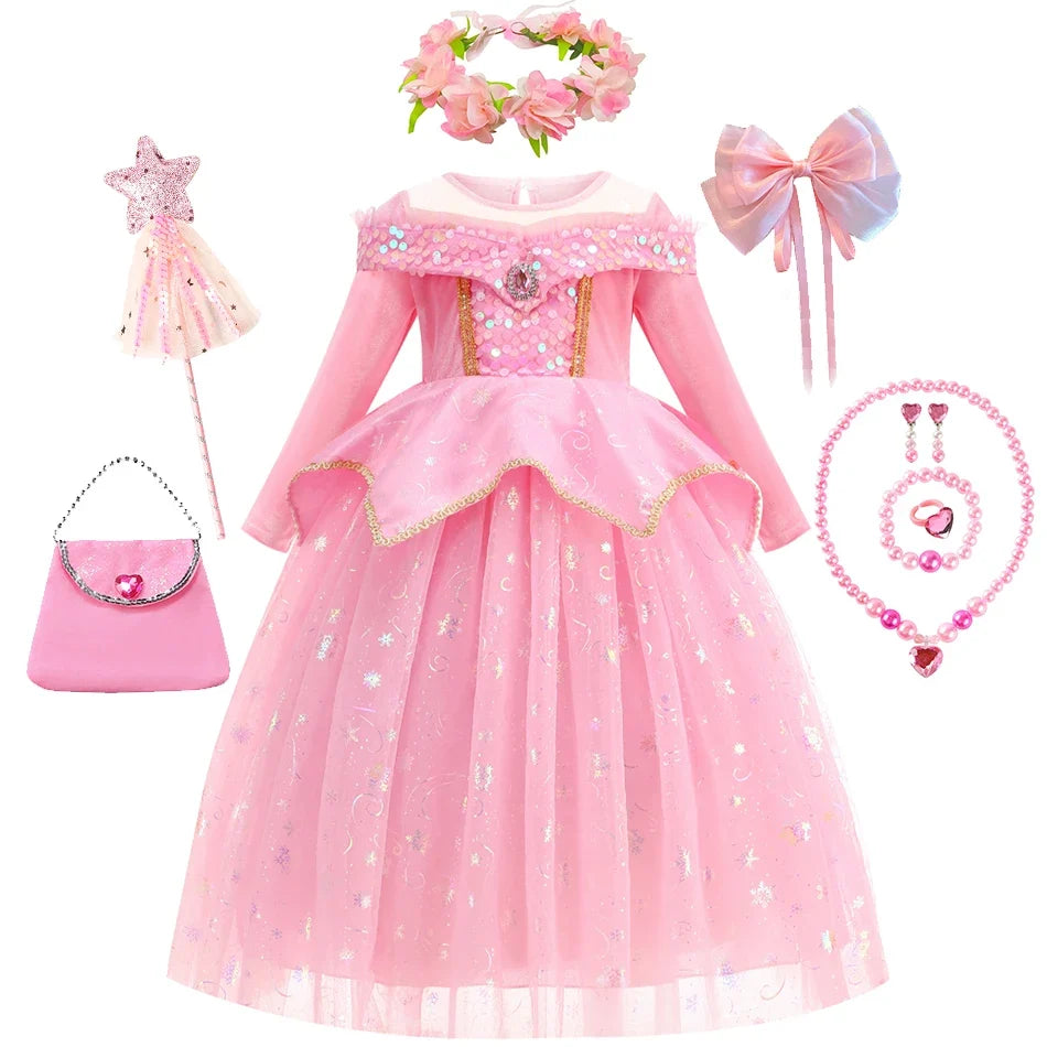 Sleeping Beauty Dress For Girls Pink Princess Costume Halloween Carnival Party Aurora Outfits Kids Birthday Surprise Gift