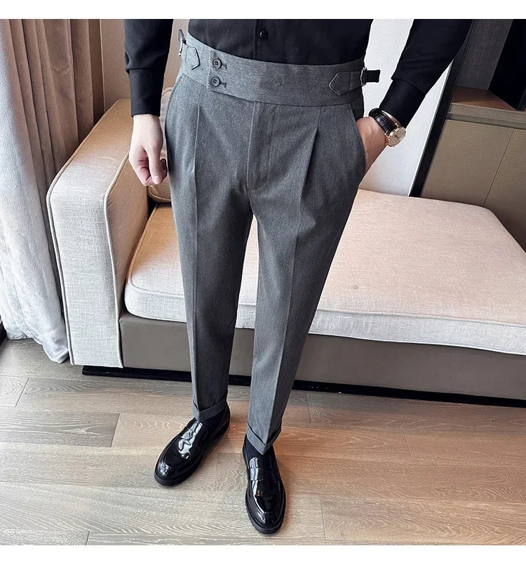 Autumn Winter High Waist Business Dress Pants Men Casual Belt Design Slim Suit Pants Formal Wedding Social Party Male Trousers