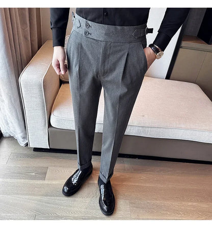 Autumn Winter High Waist Business Dress Pants Men Casual Belt Design Slim Suit Pants Formal Wedding Social Party Male Trousers