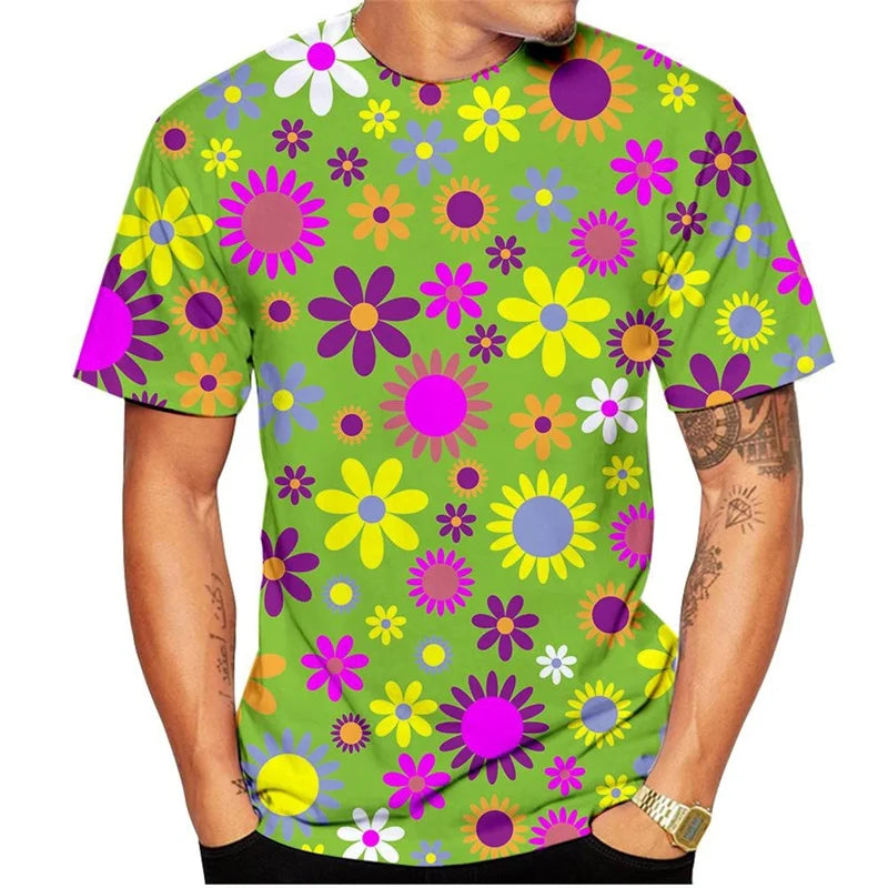 3D Printed Colorful Flower T Shirt For Men Plants Pattern Tees Summer Harajuku Loose Round Neck Tops Short Sleeve Kids T-Shirts