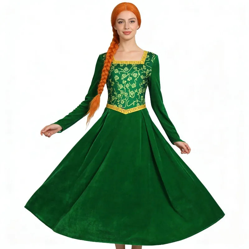 Cosplay Shrek Costume Anime Fiona Princess Dress Wig Woman Long Sleeves Green Dress Halloween Cosplay Halloween Carnival Clothe