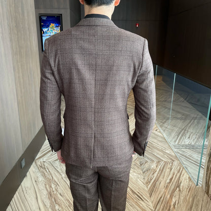 British Korean Style High Quality Modified Plaid Three-Piece Suit for Men - Stylish Business Casual Suit Vest And Trousers Set