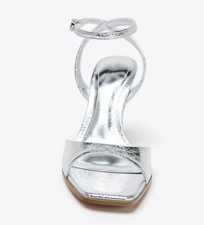 Silver Patent Leather Ankle Buckle Heeled Sandals Women Elegant Square Toe Open Toe High Heels Summer Sexy Party Dress Shoes
