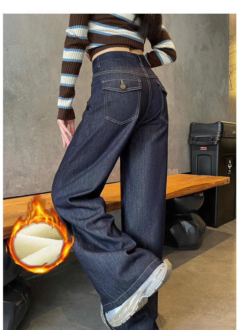 Wide Legs Fleece Jeans Women Winter Loose Velvet Casual Pants Comfortable Warm Straight Fashion Pocket Plush Denim Trousers
