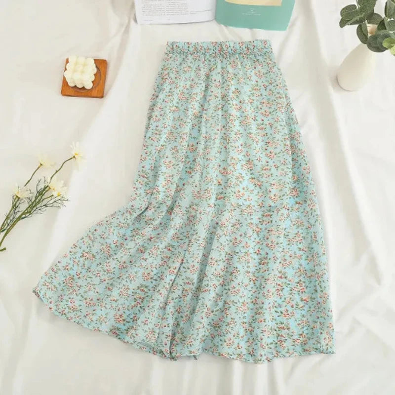 Women Chiffon Midi Skirt Korean Fashion Floral Loose Skirts High Waist Female Casual All Match A Line Skirts Summer New