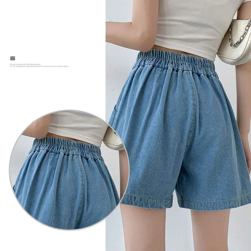 2024 Summer Plus Size Denim Shorts For Women High Elastic Waist Blue Or Sky Blue Pleated Mini Large Size Short Femme