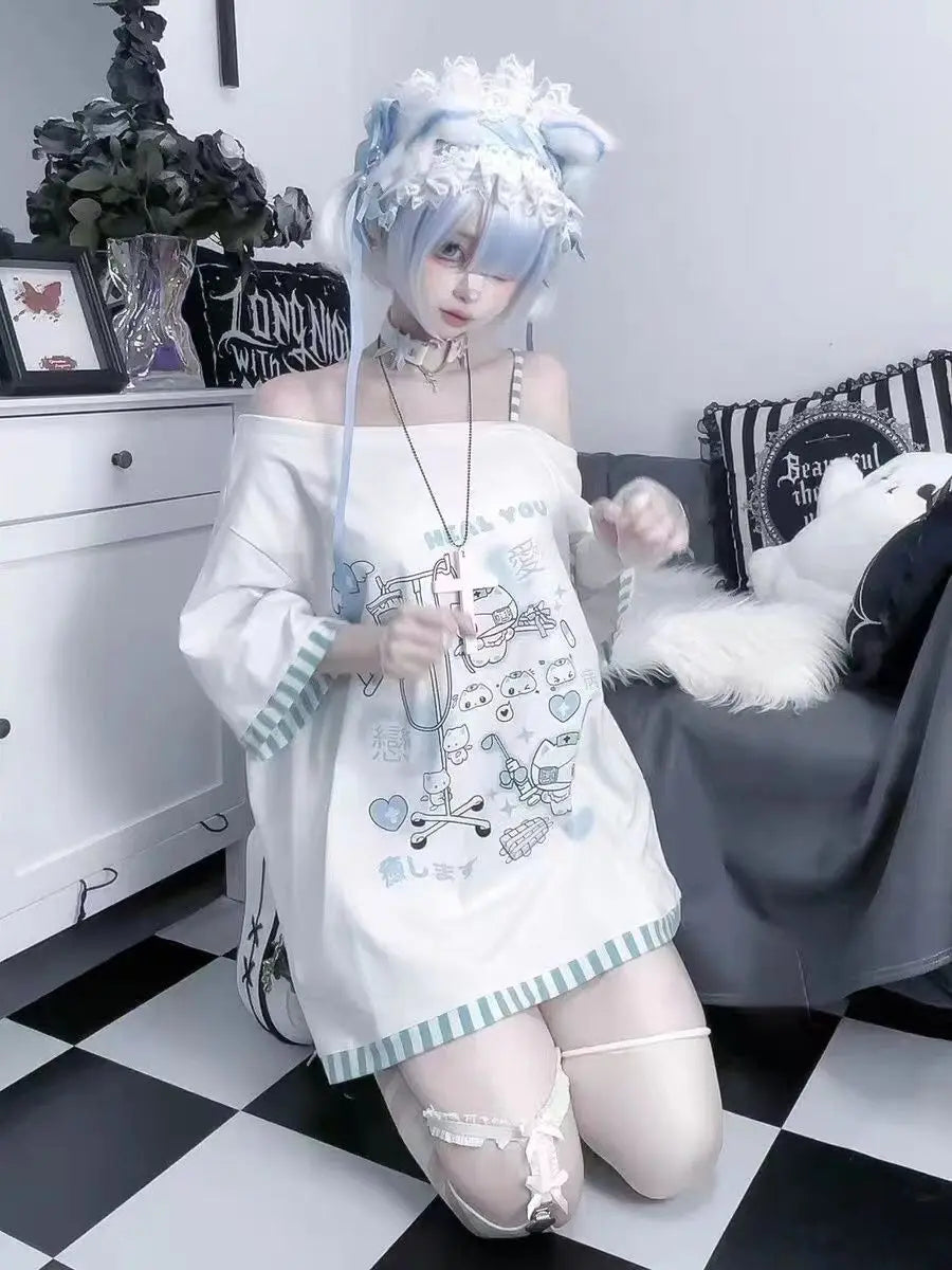 Japanese Harajuku Sweet Graphic T Shirts Women Cat Print Summer Off shoulder Top Short-sleeve Oversize Tees Loose Casual T shirt