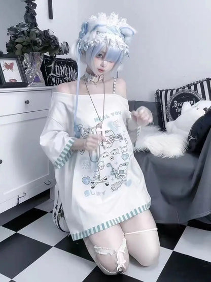 Japanese Harajuku Sweet Graphic T Shirts Women Cat Print Summer Off shoulder Top Short-sleeve Oversize Tees Loose Casual T shirt