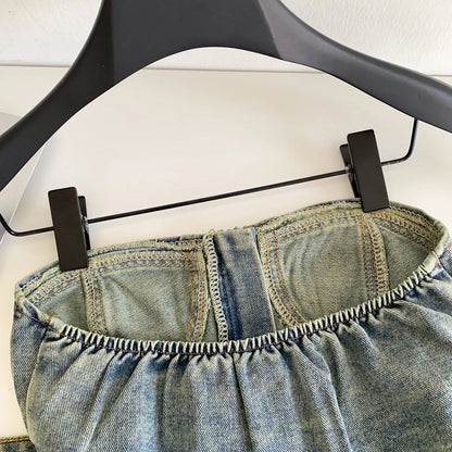 Vintage Denim Strapless Camis Backless Irregular Raw Hem Slim Distressed Crop Top Ladies Sashes Sexy Club Lingerie Top
