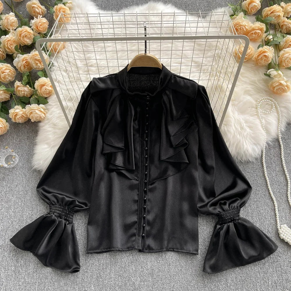 High Quality Satin Loose Shirt Long Flared Sleeves Ruffles O Neck Beading  Women Gentle Office Lady Casual Blouse