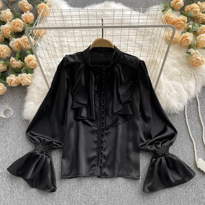High Quality Satin Loose Shirt Long Flared Sleeves Ruffles O Neck Beading  Women Gentle Office Lady Casual Blouse
