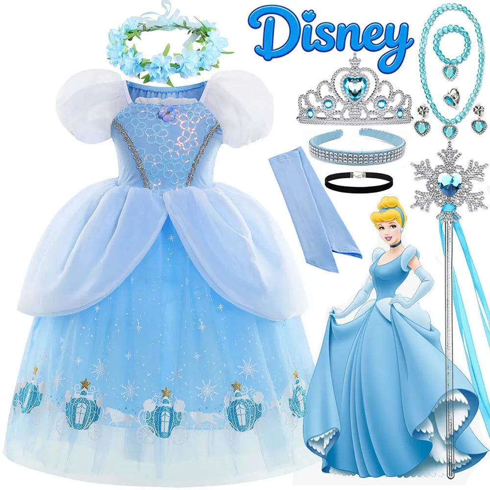 Princess Cinderella Girls Cosplay Cinderella Blue Short Sleeves Costume Kid Halloween Birthday Party Dress + Sleeves Suit