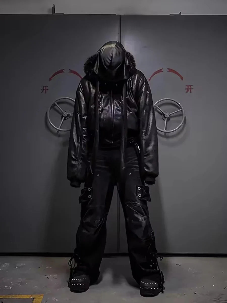 Spring Autumn Cool Short Oversized Thick Warm Pu Leather Jacket Men with Faux Fur Trim Hood Luxury Designer Clothes
