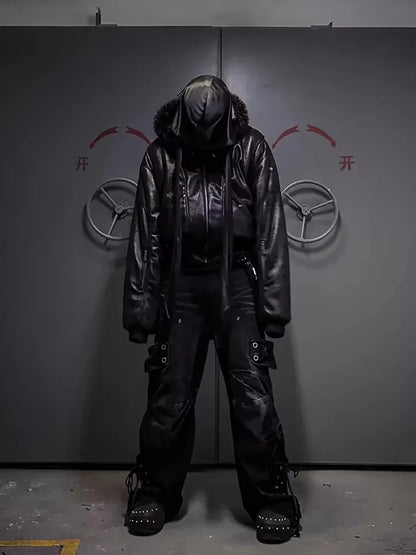 Spring Autumn Cool Short Oversized Thick Warm Pu Leather Jacket Men with Faux Fur Trim Hood Luxury Designer Clothes