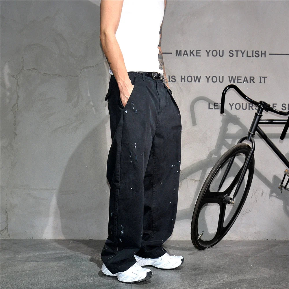 ‌Japanese Premium Vintage Distressed Paint Splash Cargo Pants Men Streetwear Loose Casual Straight Leg Haram Trousers Trendy