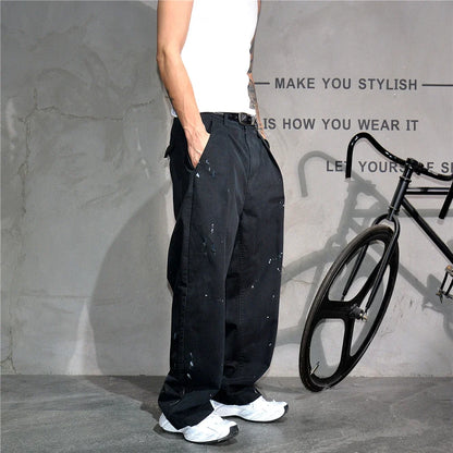 ‌Japanese Premium Vintage Distressed Paint Splash Cargo Pants Men Streetwear Loose Casual Straight Leg Haram Trousers Trendy