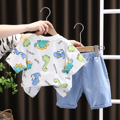Summer Toddler Clothes Suit Full Print Dinosaur Pattern Short Sleeved Tshirt&shorts Set For Outdwear Tracksuit Boys Clothes Suit