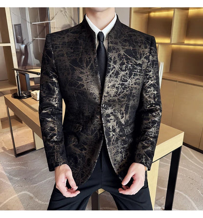 New Chinese Style Stand Up Collar Jacquard Suit Coats Men Slim Business Casual Fashion Suits Jacket Formal Social Party Tuxedos