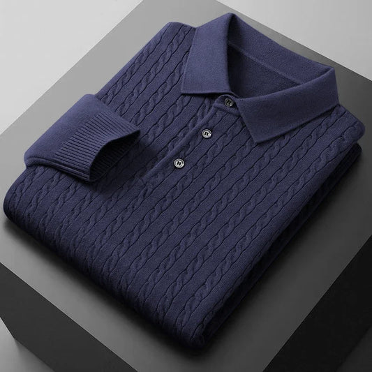 Men's Knitted Polo Shirts Button Cable Pullover Sweater V-neck Long Sleeve Outerwear Warm Heavyweight Solid Jumper
