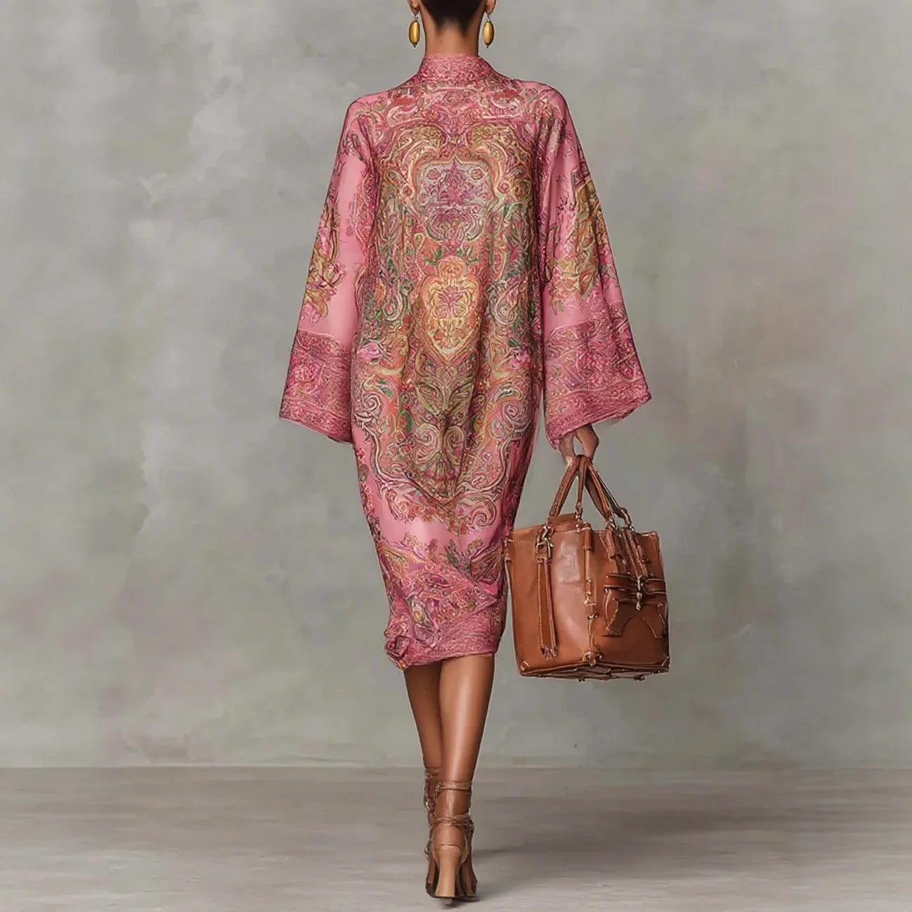 Fashion Print Long Dress Women 2025 Autumn Long Sleeve Loose Half High Collar Maxi Dresses Elegant Robes Femme