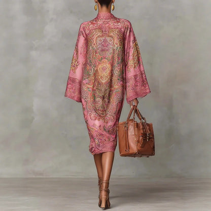 Fashion Print Long Dress Women 2025 Autumn Long Sleeve Loose Half High Collar Maxi Dresses Elegant Robes Femme