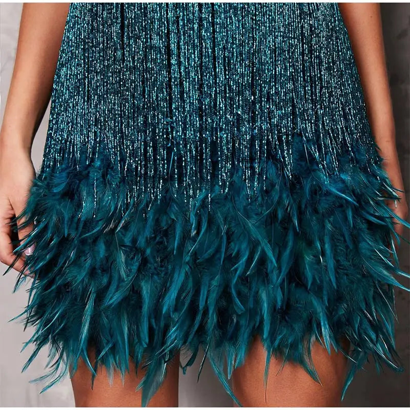 2025 New Sexy Tassel Sequins Feather Mini Dress Women Spaghetti Strap Stitching Dresses Female Elegant Evening Party Club Dress