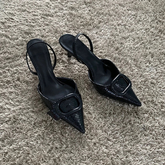 Fashion Black Leather Women Pumps Elegant Pointed Toe Office Work Ladies High Heeled Shoes 2025 Spring Dress Slingbacks Footwear