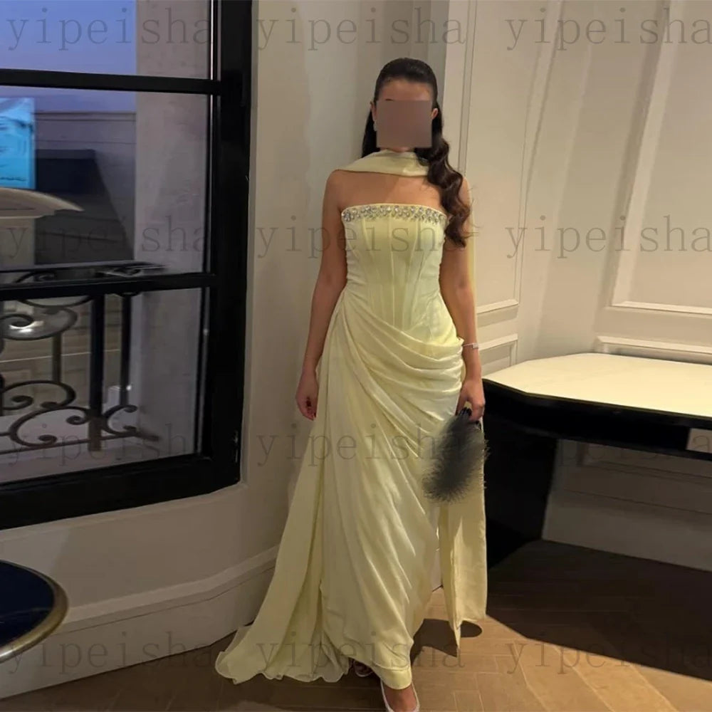 Customized Strapless Evening Dresses Pleat rhinestone Beading Draped Straight ProM Gown Modern Long Chiffon Backless Party Dress