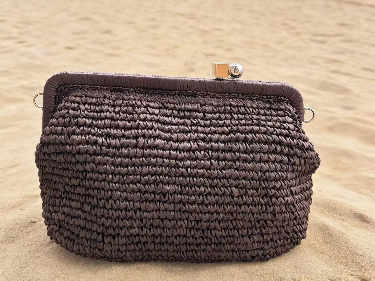 Handwoven Straw Clutch Bag with Dual‑Color Kiss‑Lock Closure & Detachable Chain, Versatile Shoulder/Crossbody Bag for Summer