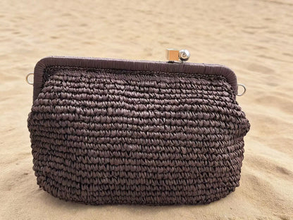 Handwoven Straw Clutch Bag with Dual‑Color Kiss‑Lock Closure & Detachable Chain, Versatile Shoulder/Crossbody Bag for Summer