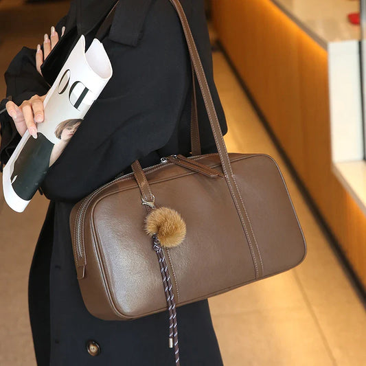 Women's Cow Genuine Leather Shoulder Bags Ladies Fashion Designer Luxury Handbags Female Retro Commute Boston Cowhide Handbag