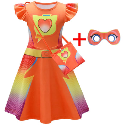 Children's SuperKitties Dresses Super Kitties Cosplay Costume Girls Flying Sleeves A-Line Dress Bag Mask Carnival Birthday Gift