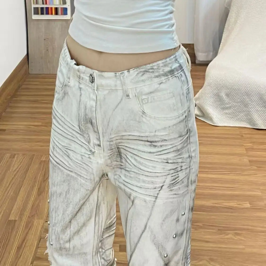 American Retro Hot Girl Tie-Dye Women's High-Waisted Bell-Bottom Pants Slim Ripped New Autumn And Winter Washed Casual Trousers