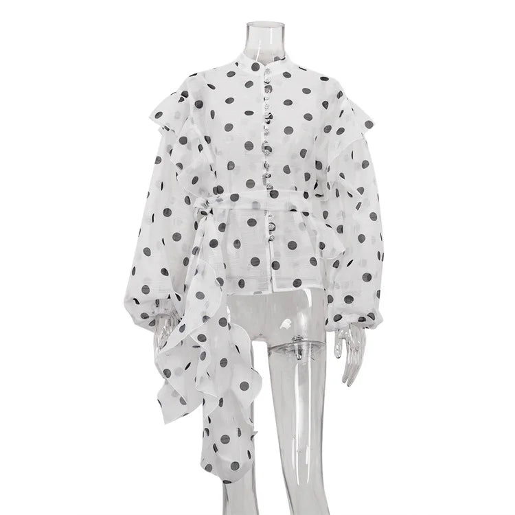Ticketsx Polka Dot Ruffled Shirts Fashion Contrast Lace Up See Through Button Blouse Top Elegant Party High Street Women Shirt