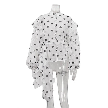 Ticketsx Polka Dot Ruffled Shirts Fashion Contrast Lace Up See Through Button Blouse Top Elegant Party High Street Women Shirt