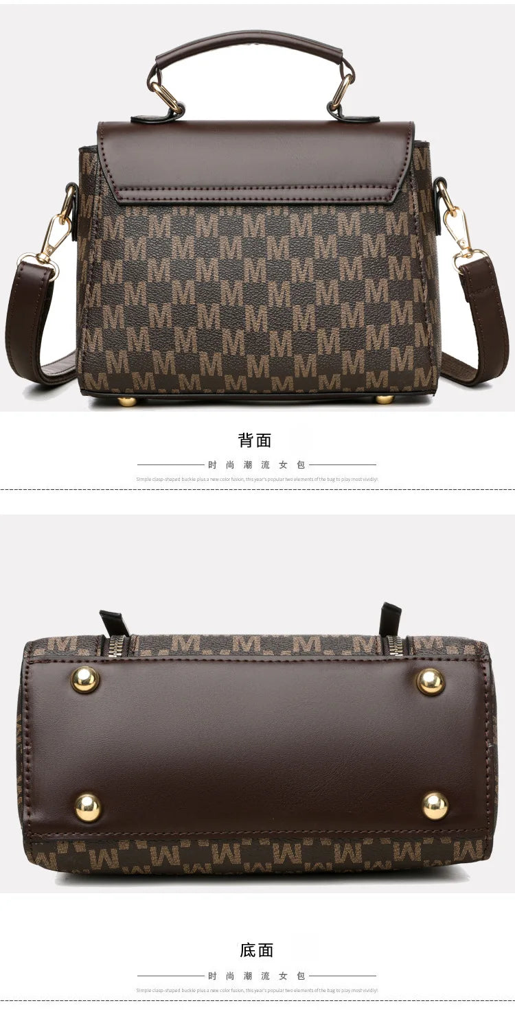 Vintage Women's Tote Bag Stylish PU Handbag Shoulder Bag with Golden Letter "M" Design Detachable Strap Perfect for Everyday Use